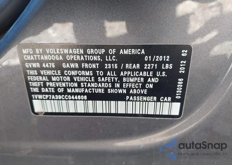 2012 Volkswagen Passat 2.5L Sel Premium from USA, damaged, VIN 1VWCP7A39CC044606